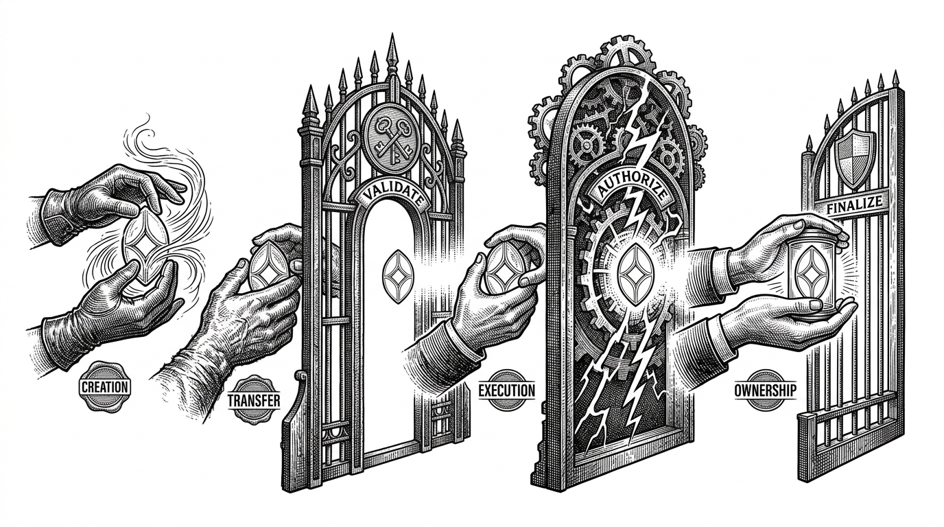 A close-up editorial scene of a single object moving through a series of sealed gates and hands. The object remains intact while the surrounding permissions and checkpoints change shape, showing ownership, validation, transfer, and execution as distinct steps. It explains how Move-style rules keep assets coherent while state changes around them.