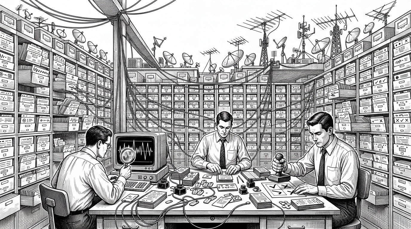 A wide editorial scene of a central validation desk surrounded by thousands of hanging channel cards, each connected by thin wires. One clerk checks a live signal on a monitor, another sorts metadata tags, and a third stamps cards as accepted or rejected while antennas and satellite dishes sit in the distance. The image explains that this repository behaves like an operations system for fragile live TV links, not a static playlist.