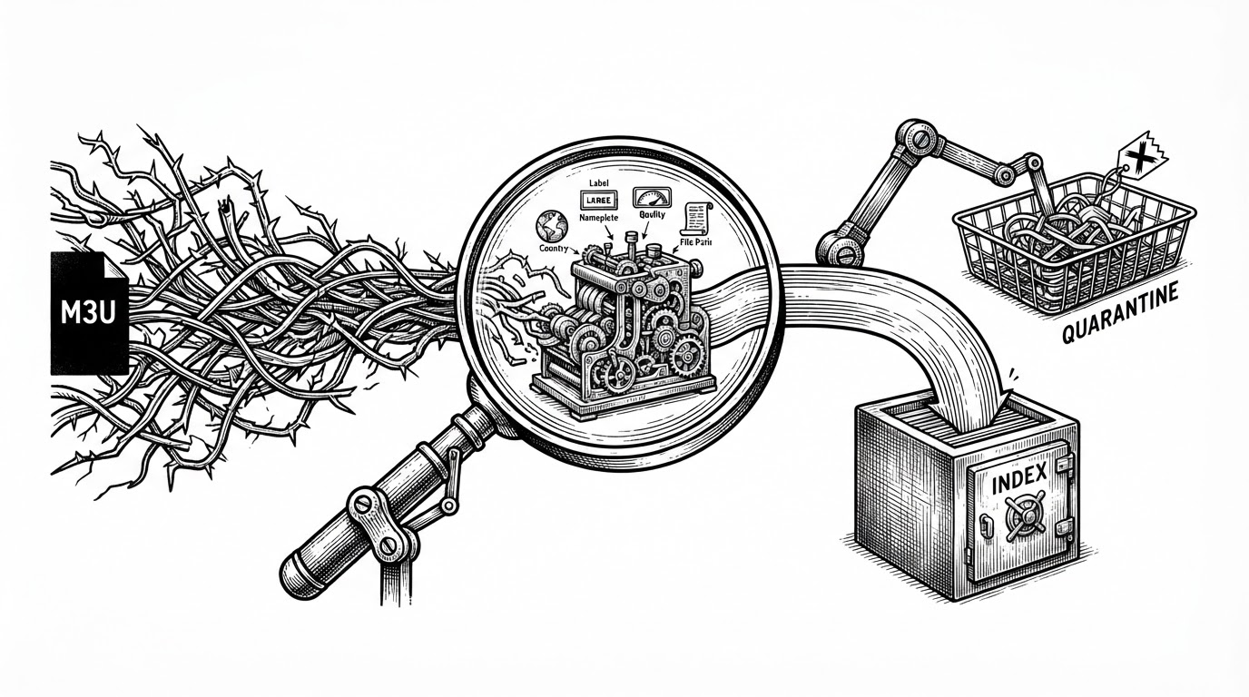 A close-up of a single stream card under a magnifying glass. On the left, a jagged M3U line sits beside a tangled cable. In the center, a parser extracts labels, country, quality, and filepath into a clean index card. On the right, one path leads to a stamped accepted tray while another drops into a quarantine bin marked with an error code. The image explains the difference between checking a URL and proving that a playable stream exists.