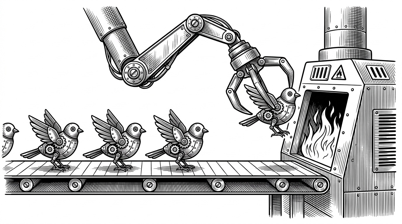 An assembly line producing identical mechanical birds. A giant claw drops one into a furnace while another is instantly calibrated, illustrating the disposable nature of the sandboxes.