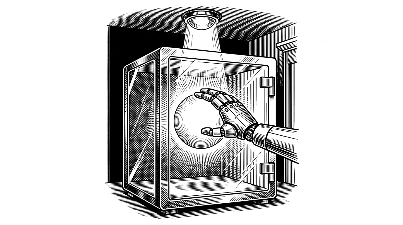 A transparent glass safe with a projection of an orb inside, while a robot hand reaches for it but grasps nothing. This illustrates the concept of a Secret Proxy where the agent never holds the actual key.
