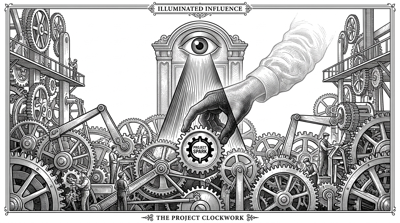 A wide-angle view of a complex clockwork factory where a translucent, ghostly hand reaches in to turn a gear, illuminated and made solid by a security spotlight.