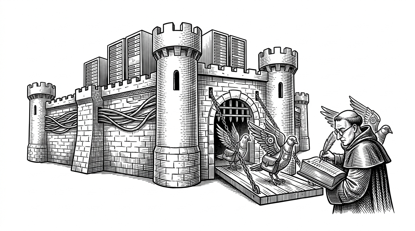 A wide shot of a medieval fortress with a single fortified drawbridge. A toll collector meticulously inspects the papers of departing mechanical courier pigeons against a thick ledger, representing strict egress control.