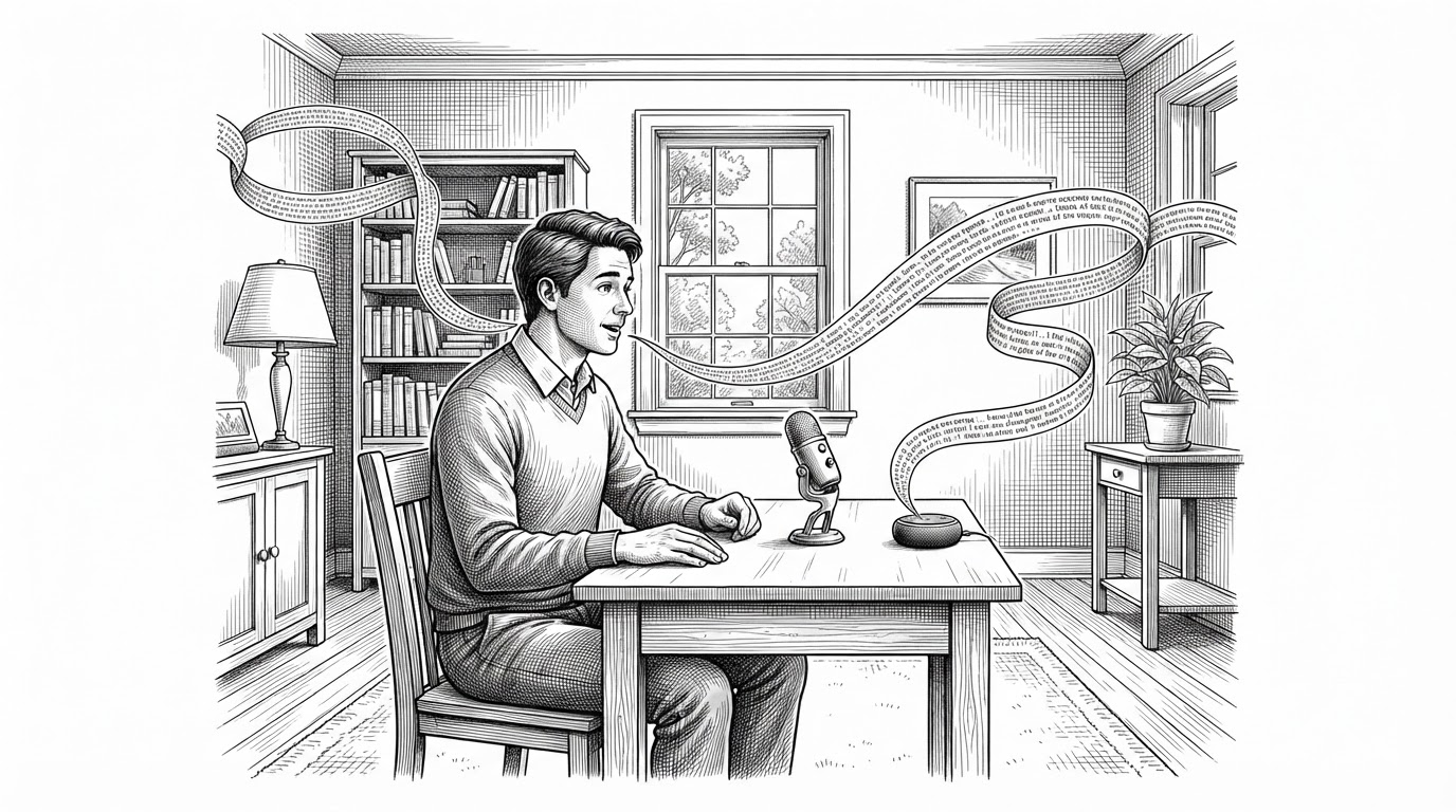 A wide editorial scene of a quiet home office where one person speaks into the room while a ribbon of transcript lines moves across the space like a thread. The image explains the core idea behind Jarvis: it listens to ambient conversation as shared context, not just as a command interface.