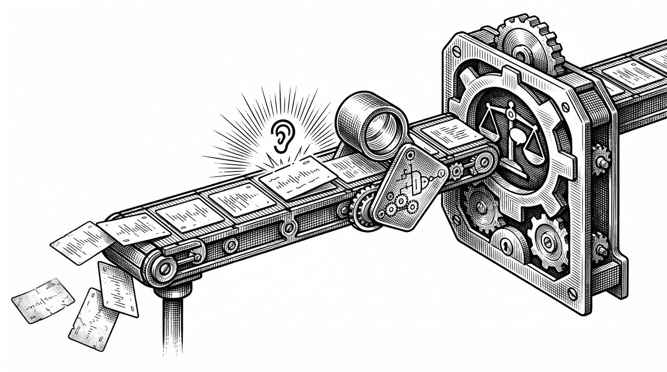 A close-up editorial illustration of a narrow conveyor of index cards representing transcript fragments. Older cards fall away on one side, a wake-word card opens a gate in the middle, and a small logic device selects the relevant context before passing it onward. The image explains how Jarvis can judge intent against a rolling transcript instead of a single sentence.