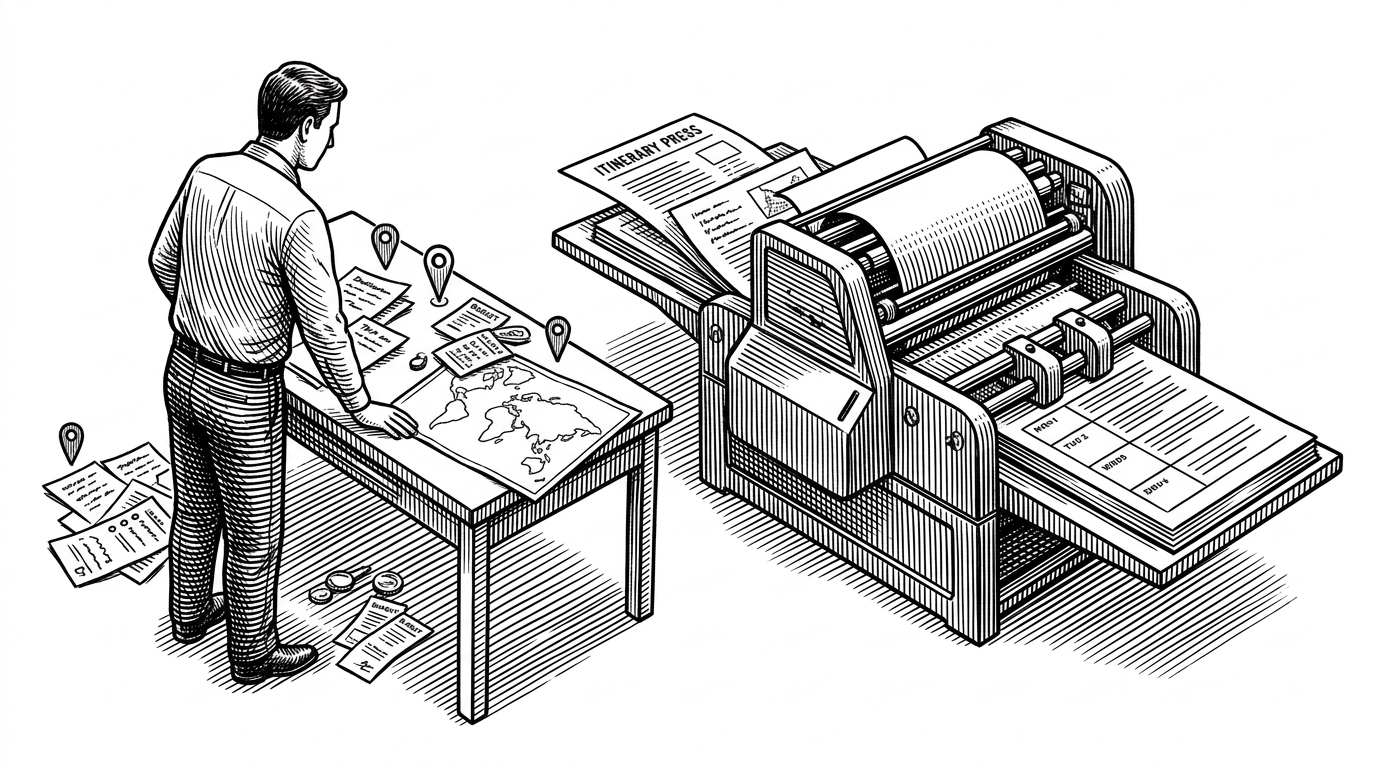 A wide editorial scene shows a traveler at a desk facing a mechanical press that transforms scattered trip notes into a neatly bound schedule. The image explains the article’s core idea: the app does not chase inspiration, it converts loose intent into structured output the UI can trust.