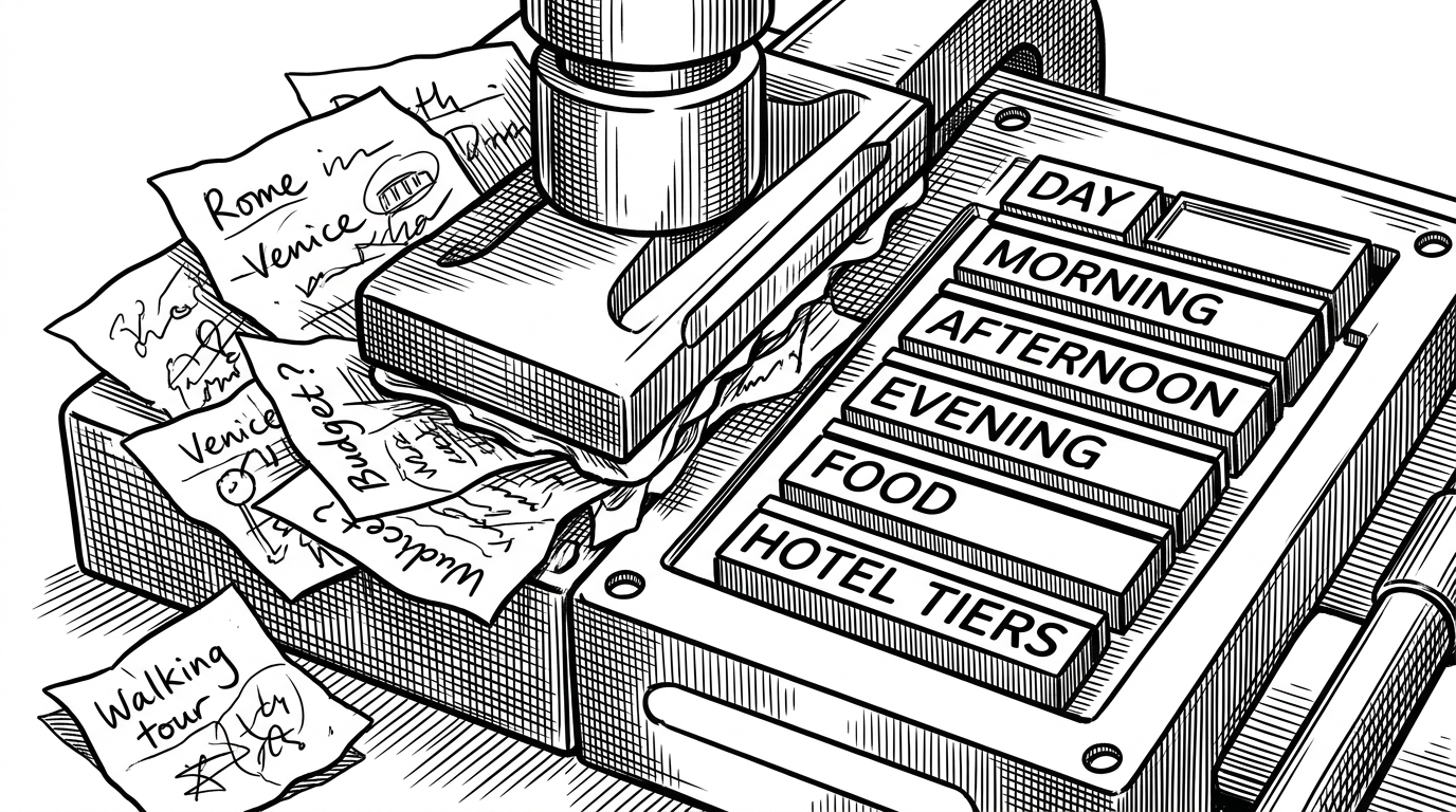 A tight close-up shows a handwritten trip brief being pressed into a rigid JSON mold. On the other side, orderly slots for day parts and hotel tiers snap into place. The image explains how the app turns loose language into schema-first output.