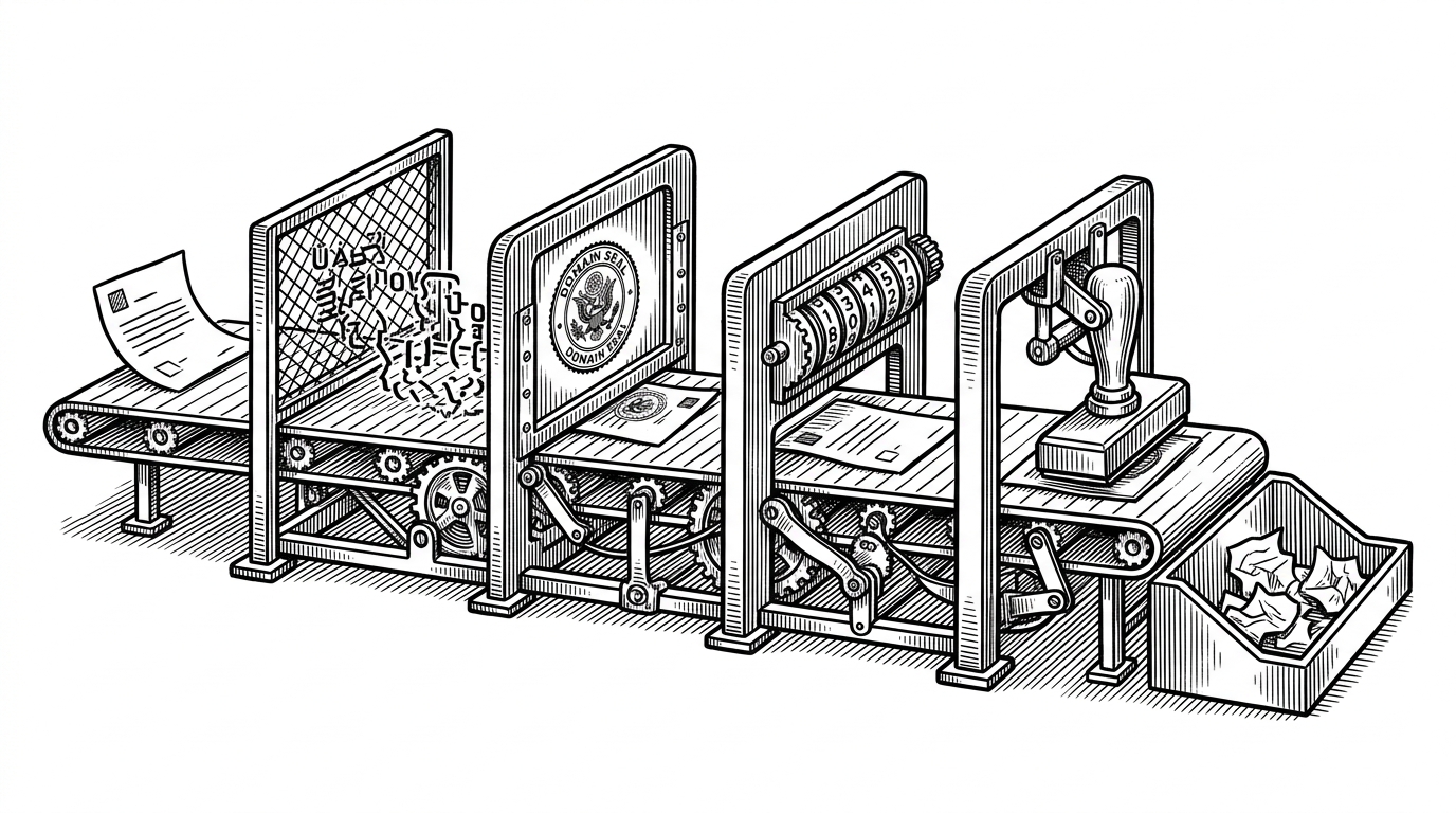 A close-up of a post moving through a chain of invisible mechanical gates. One gate catches hidden characters, another stamps domains, another measures repetition, and the final gate approves or rejects the post, making moderation feel like a real inspection line.