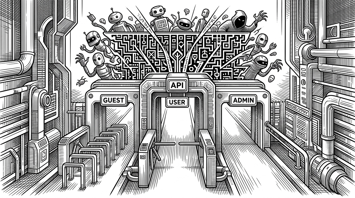 A wide editorial scene shows three request lanes entering a secured API gate. Guest, user, and admin paths each pass through the same front door, but their throttles differ before traffic reaches the backend. It explains that access control and rate limiting are computed from request identity, not applied as a single blanket rule.