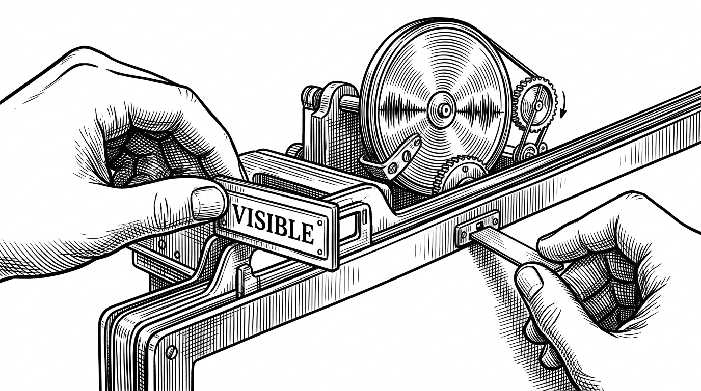 A browser tab presented like a stage prop, with one hand swapping a visible nameplate while another jams a wedge into the browser's visibility sensor. A faint metronome and waveform keep running in the background. The scene explains the article's core claim: this extension does not merely keep a session alive, it falsifies the signals that say whether it is alive at all.