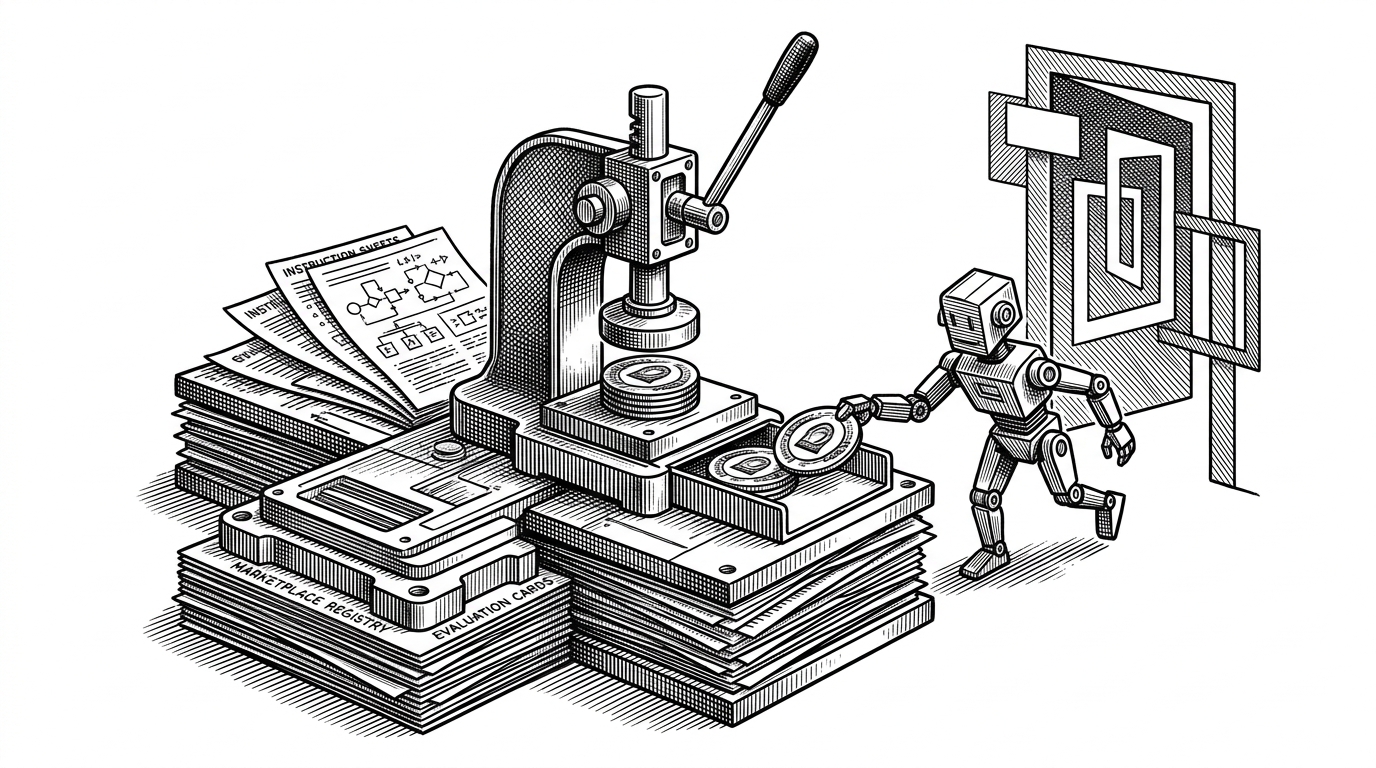 A workshop scene where loose instruction sheets, eval cards, and a marketplace registry are assembled into a finished skill badge while a small agent carries it through a doorway into different AI environments. It explains the repo’s core idea: skills are built, tested, registered, and then consumed as portable software units.