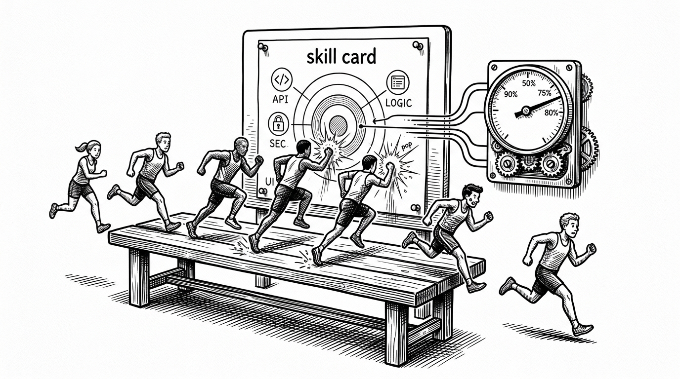 A close-up evaluation bench where several identical runners test the same skill card and produce mixed outcomes. A gauge converts those outcomes into a trigger rate, while a threshold line shows whether the skill passes or fails. It explains why the repo measures reliability statistically instead of trusting one run.