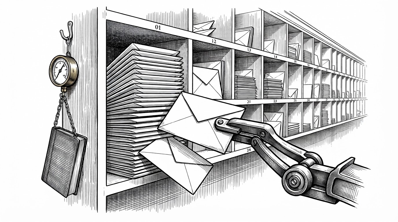 A wide black-ink illustration of a postal sorting hall. A long wall of numbered pigeonholes recedes into the distance, most holding modest stacks of envelopes. In the foreground one pigeonhole is packed full with twenty envelopes stacked edge-on, a mechanical arm sliding a fresh envelope toward it while the oldest envelope leans forward, ready to be pulled. A brass gauge and a chained ledger hang beside the full hole. The scene illustrates a Kademlia k-bucket at capacity and the new peer arriving to trigger an eviction decision.