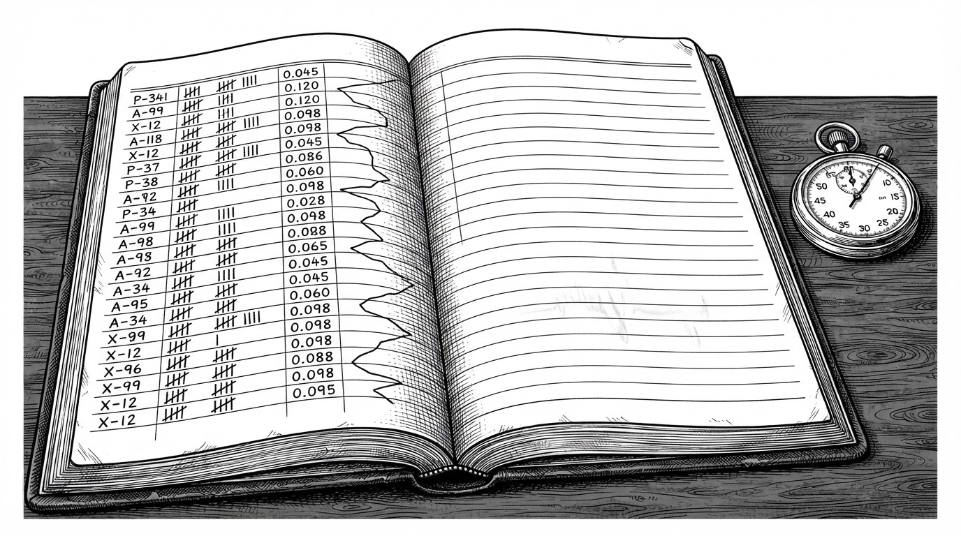 A close-up black-ink illustration of an open ledger on a wooden desk. The left page is dense with ruled columns of peer identifiers, tally marks, response times in seconds, and a wandering hand-drawn latency chart. The right page is ruled the same way but the ink stops abruptly halfway down, leaving only faint pressure indentations where a pen moved without ink. A mechanical stopwatch sits beside the ledger, its hand motionless. The scene represents a reliability ledger that records faithfully and then stops.