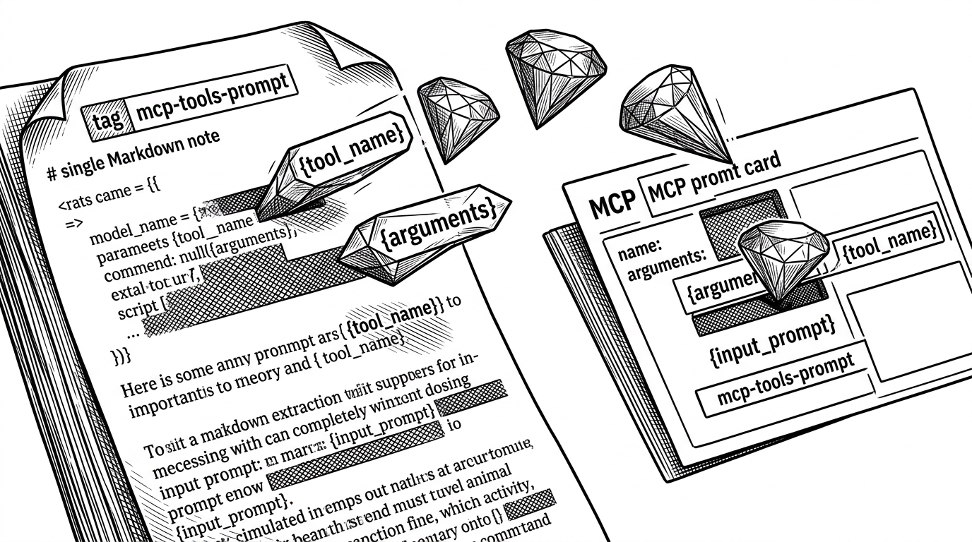 A close-up of a Markdown note stamped with a tag, with placeholder fields being extracted like cut gems and assembled into a structured prompt card. One side of the image shows raw note text, while the other side shows the callable MCP prompt that emerges from it. The illustration explains that prompts are compiled from notes, not handcrafted elsewhere.