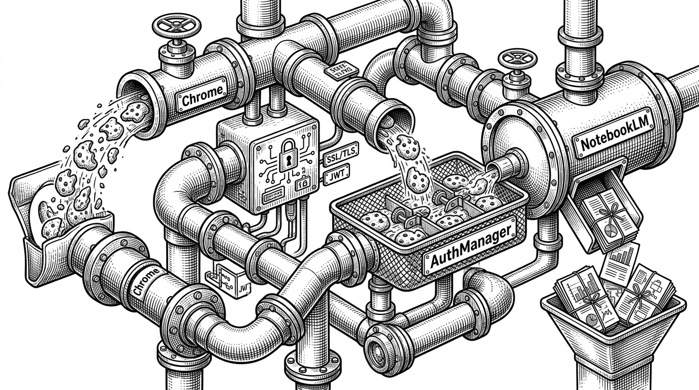 A close-up cutaway of a browser-authenticated flow moving through pipes, valves, and a control box before entering a sealed service chamber. The image explains how session cookies, CDP, and the hidden request layer combine into one usable client path.
