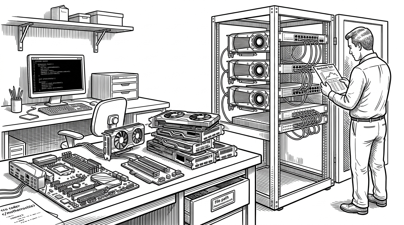 A wide scene showing a home workshop that has been upgraded into a miniature data-center bench. GPUs, risers, and a motherboard sit in the foreground while a rack-like frame and a test printout suggest that the real subject is the machine's wiring, not the model UI. It explains that local LLM performance starts with physical topology.