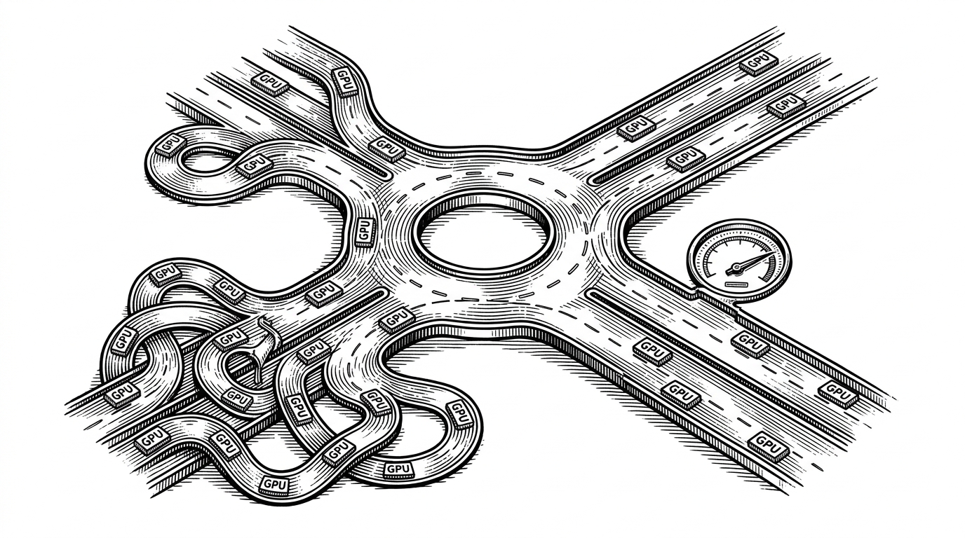 A close-up technical scene of a PCIe switch board acting like a traffic roundabout. Multiple GPU lanes converge into the switch, then fan out into a direct path, while a second path detours through a heavier central hub. It explains why the repo cares about peer-to-peer routing instead of raw GPU count.