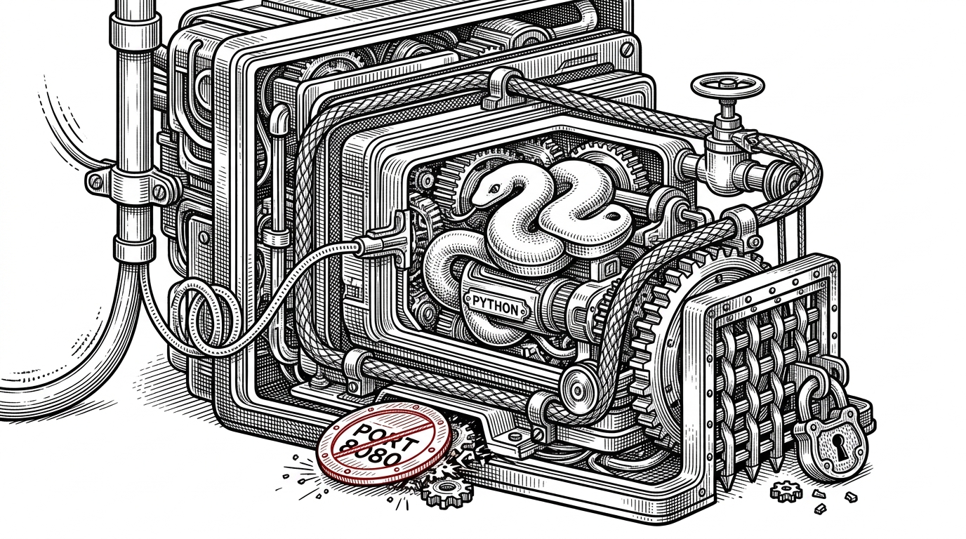 A close-up cutaway of a desktop shell wrapped around a backend process, with a watchdog loop guarding the connection and a health check line passing from one layer to another. It explains how Voicebox stays stable by treating the app and server as one coordinated system.