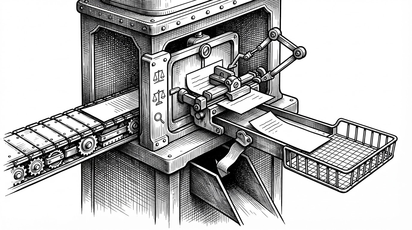 A close-up of a grading chamber where a retrieved snippet is tested against a query card. One path continues to answer generation, while the other path loops back through a rewrite arm. The image explains that retrieval quality is checked before the system commits to an answer.
