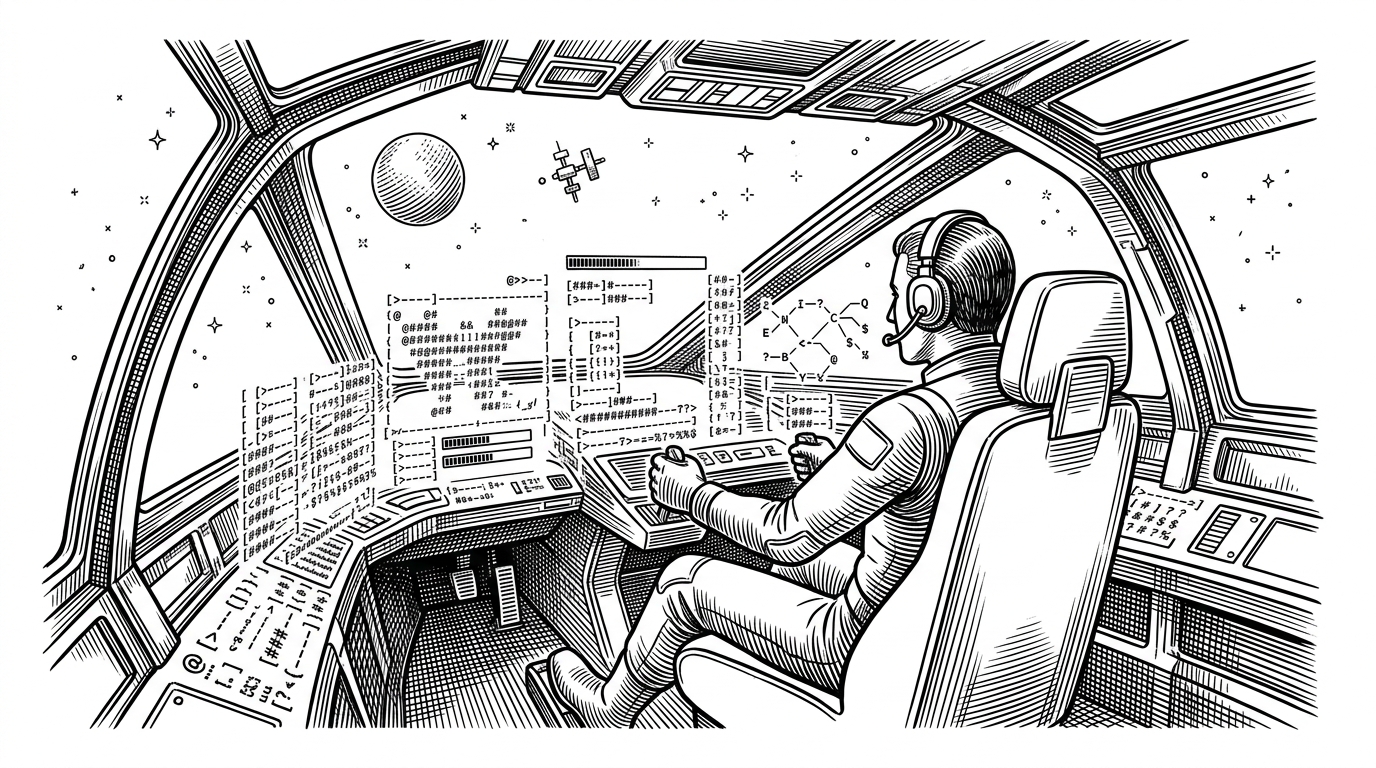 A developer sitting in a minimalist chair facing a futuristic cockpit dashboard made of floating ASCII characters and progress bars.