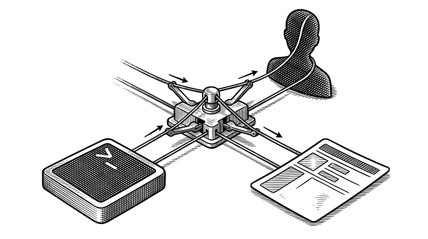 A close-up relay node routes one event from a terminal tile to an AI agent and then into a Kanban card, with the same signal looping back into persisted state. The image explains how CodeSurf keeps different workspace participants synchronized through a shared event path.