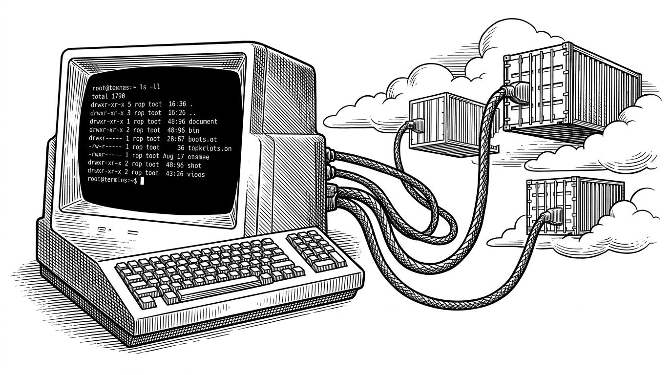 A vintage 1970s terminal screen showing a standard directory listing, but its thick cables stretch upward and plug directly into floating, ethereal storage containers in the clouds.