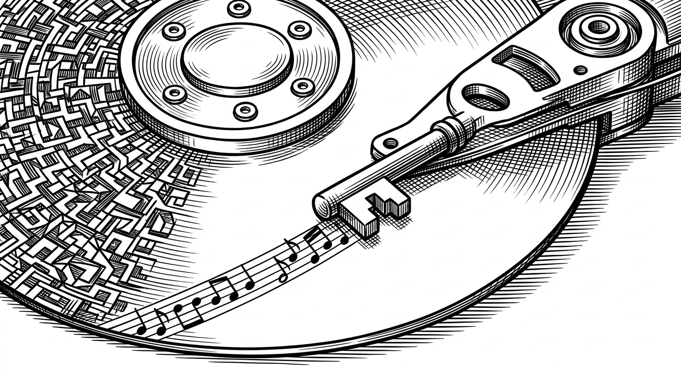 A close-up of a hard drive platter where half the surface is covered in chaotic geometric patterns representing encrypted data, and a reading head shaped like a key transforms the chaos into perfectly ordered music notes.