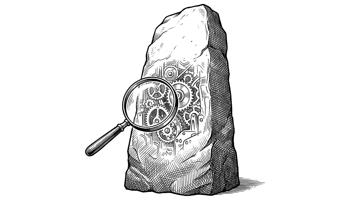 A handheld magnifying glass held against a massive stone monolith. Where the glass touches the stone, it reveals a glowing, transparent network of intricate gears, while the rest of the monolith remains solid and opaque, representing the concept of lazy-loading massive datasets.