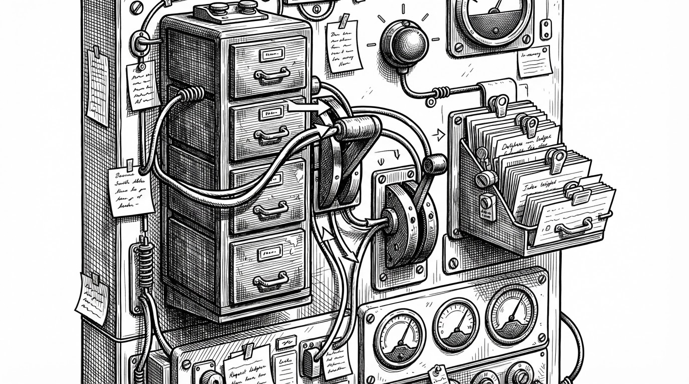 A close-up of a switchboard-like control panel with two routing levers, one labeled for database storage and the other for memory storage. A warning light shows the database is unavailable, but the dashboard continues running through the fallback path, explaining how the app remains usable under failure.