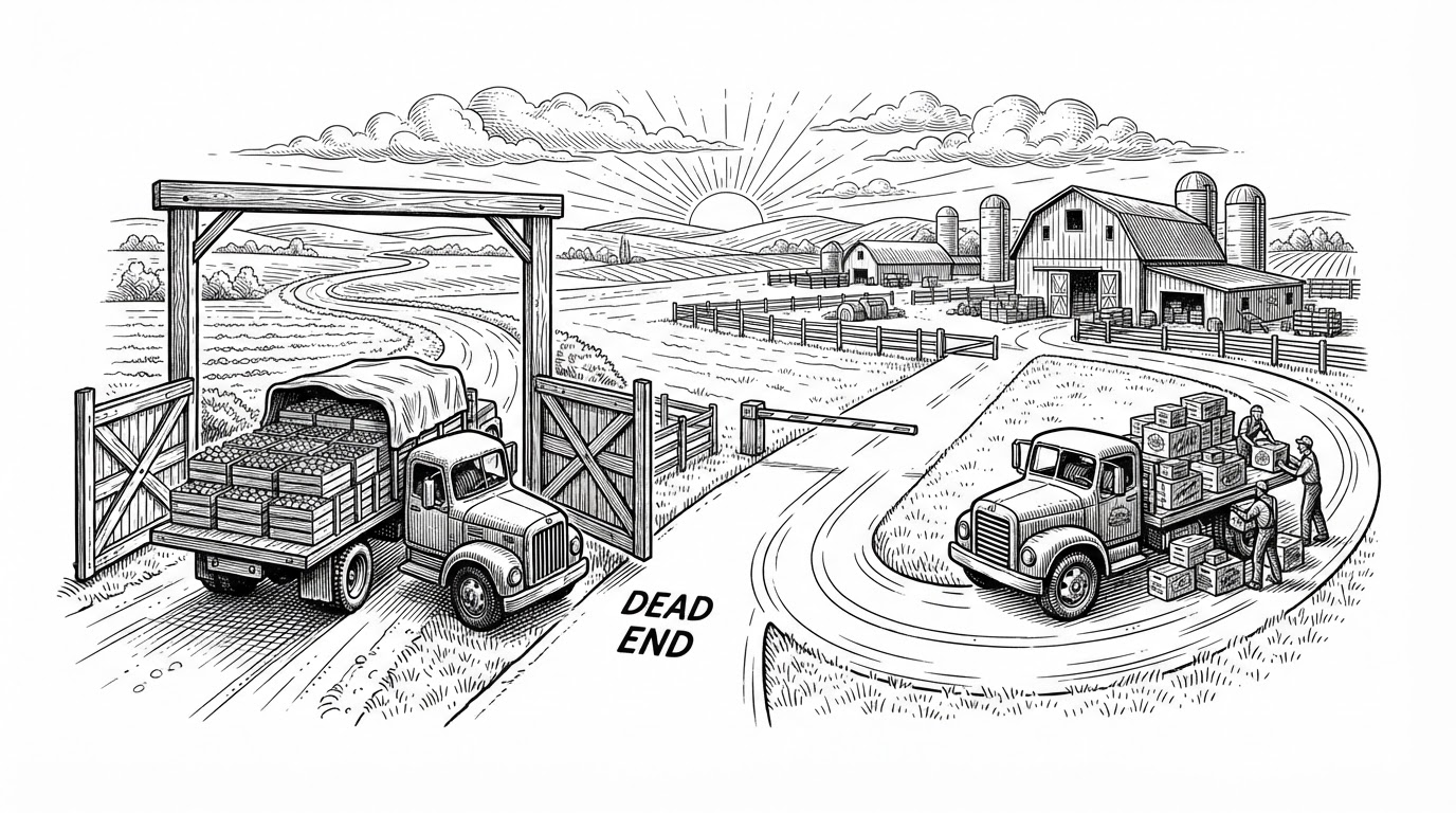 A rural loading yard where one truck leaves full while a second truck is rerouted to collect a smaller consolidated load on its return path. The scene shows the difference between wasted empty capacity and matched transport, which is the core logistics problem this repo tries to solve.