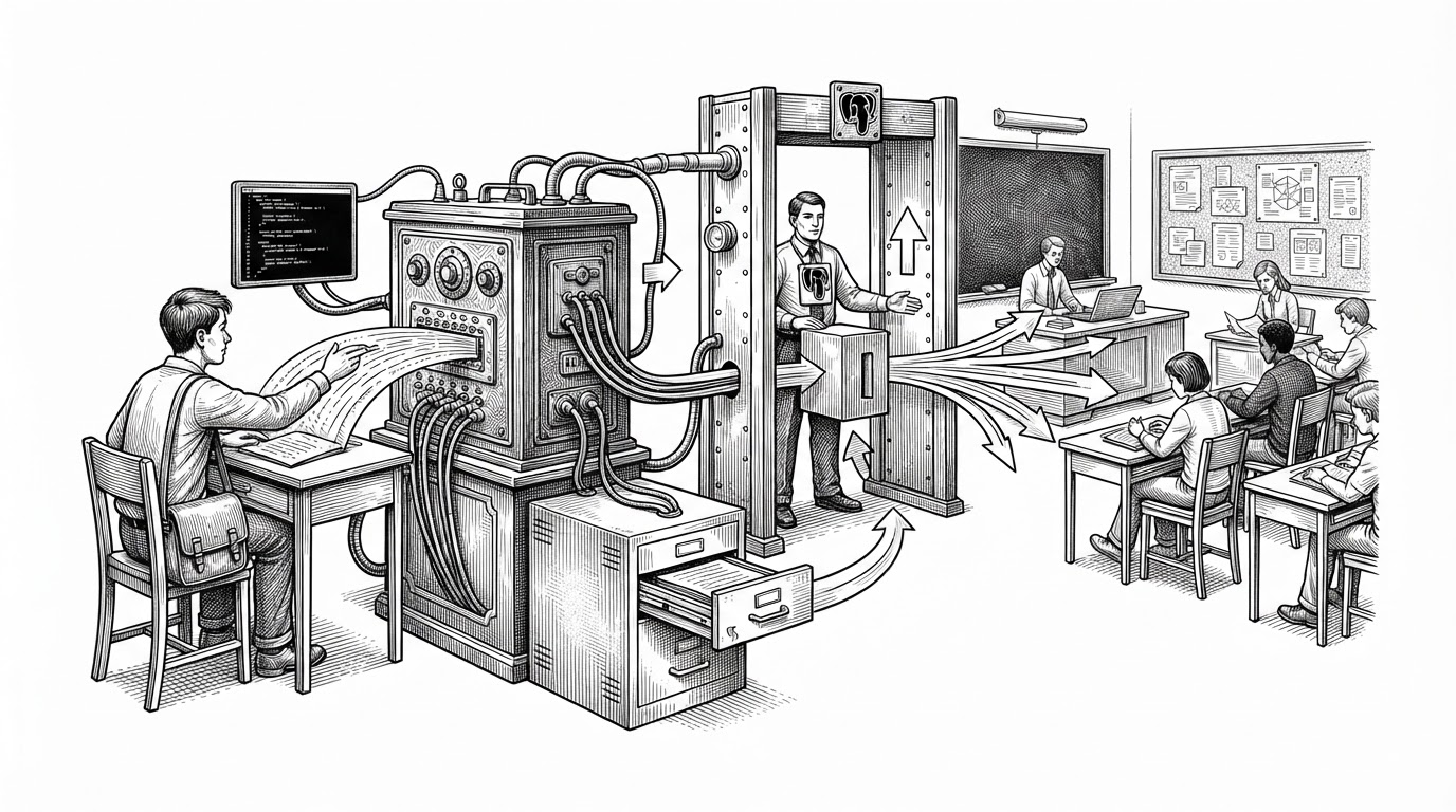 A campus classroom rendered as a switchboard, with one message entering a central relay, a gate filtering it by role, and the approved message fanning out to a room while a storage drawer below holds the permanent record. The image explains that CampusBuddy is built around live delivery, permission checks, and persistence, not just static course pages.