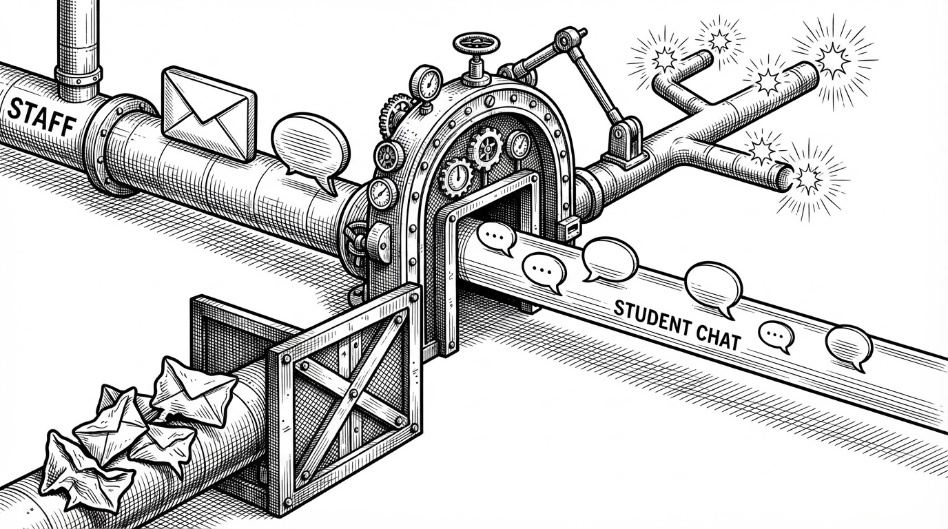 A close-up of three message paths crossing a checkpoint. One staff announcement lights a notification branch, one student-to-student chat bubble slides through quietly, and one blocked message stops at a gate. The image explains how the same transport behaves differently based on role and moderation checks.