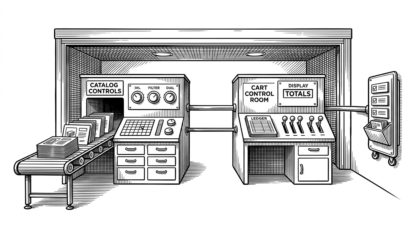 A wide black-ink editorial scene shows a small storefront as a precision machine. Product cards flow into separate control rooms for catalog and cart state, then into a side cart mounted at the edge of the composition. The image explains that the interesting part is the layered state architecture, not the storefront UI itself.
