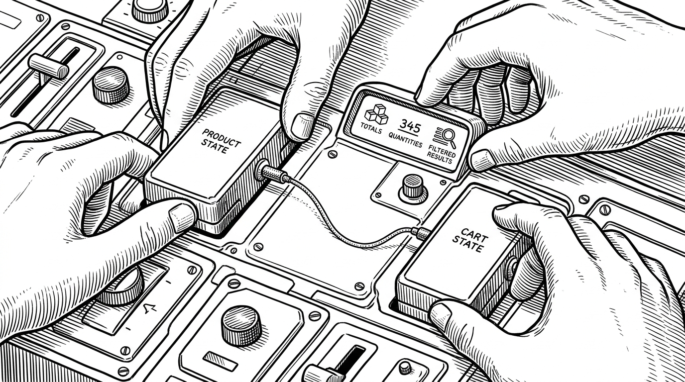 A close-up editorial illustration shows two hands assembling a modular control surface. One module is labeled by form as products, another as cart, and a thin threaded line connects both to a small dashboard with totals and filtered results. The image explains separation of concerns and facade-based composition.