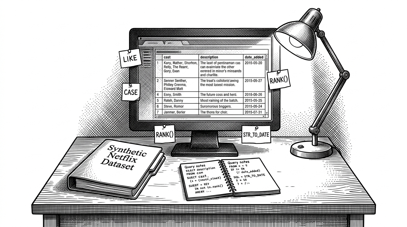 An analyst desk with a flat Netflix-style table on a monitor, surrounded by query notes and evidence tags. The scene explains that the repository is a controlled practice range where messy fields become answerable SQL problems.
