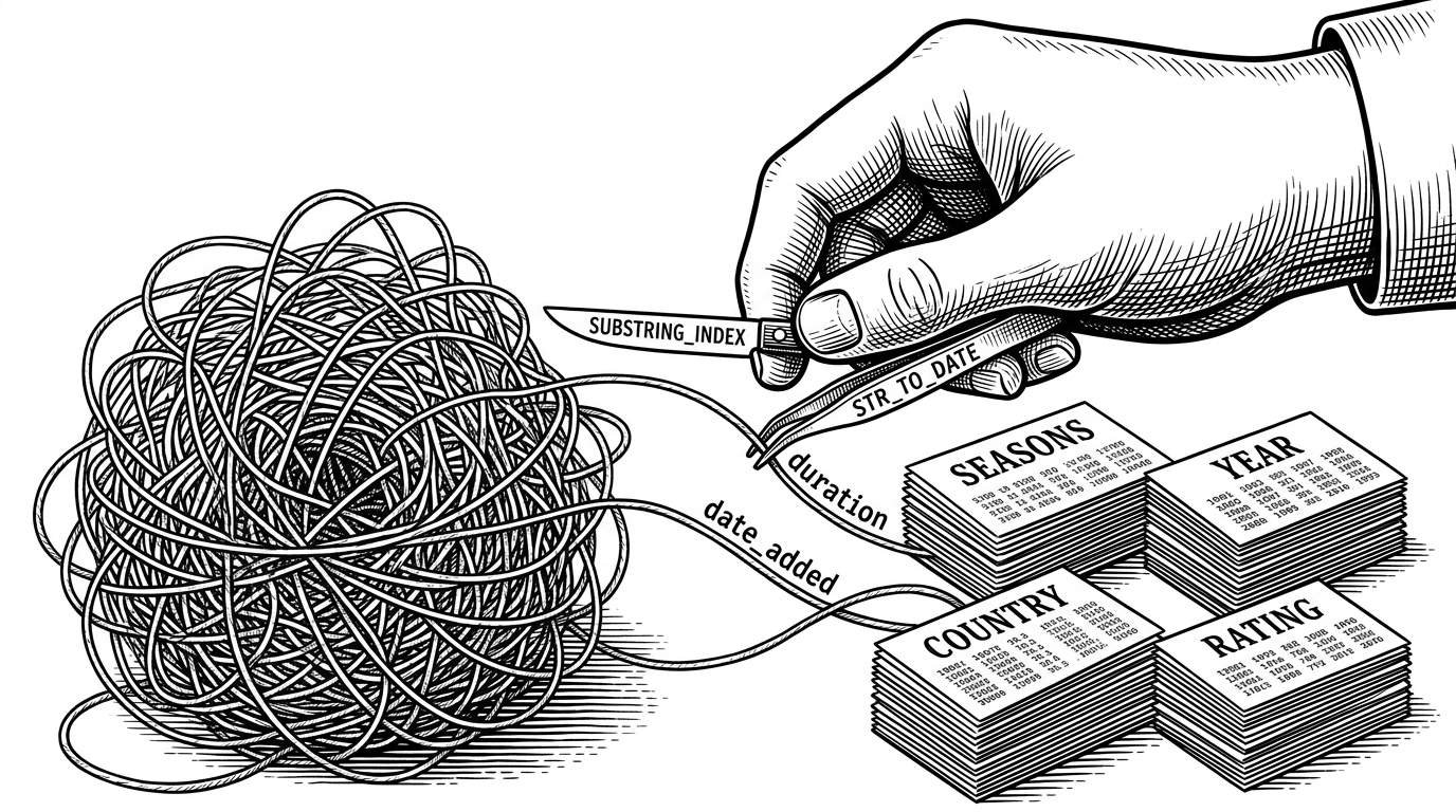 A close-up of one hand pulling clean meaning from tangled string fields with small SQL tools. The image shows how parsing functions turn messy text into usable analytical values like seasons, year, country, and rating.