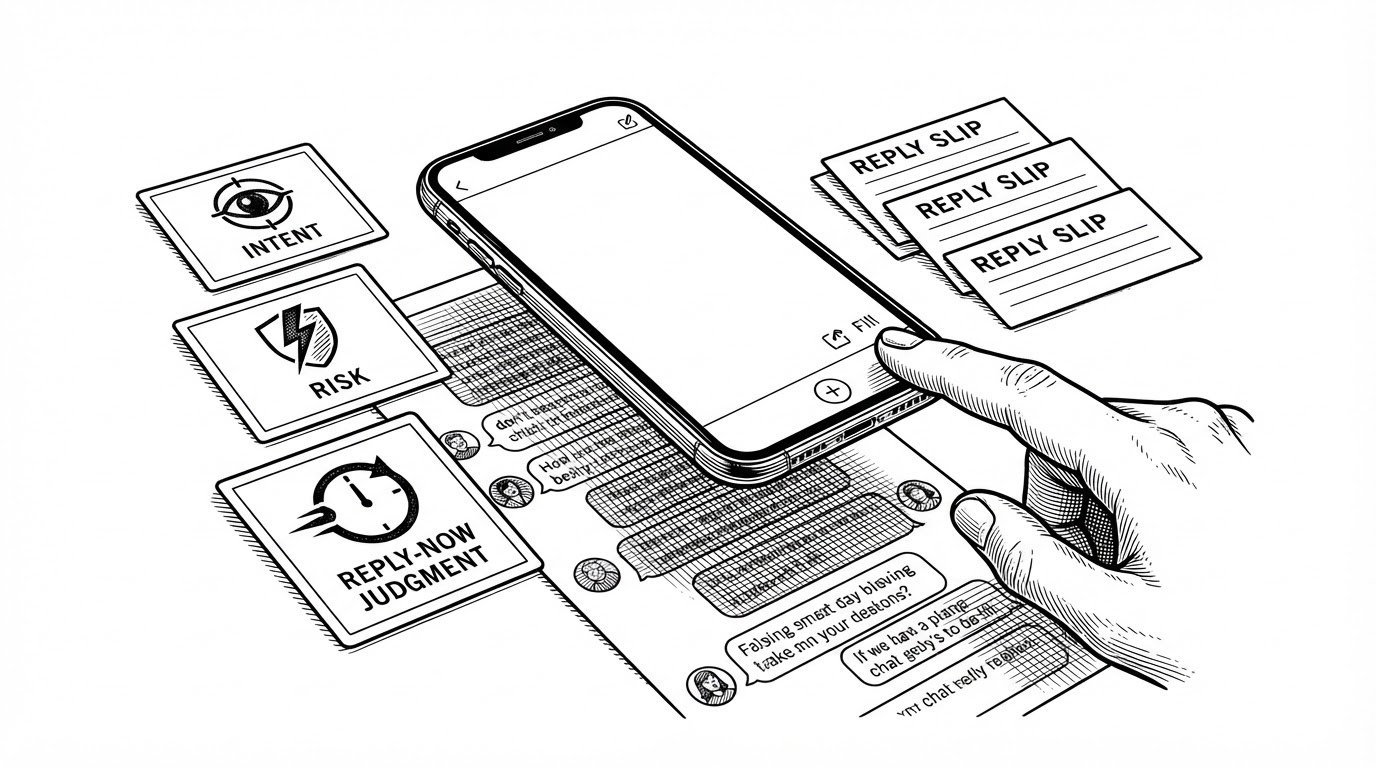A smartphone hovers above a dense chat thread while three stamped decision cards sit to one side and three draft reply slips sit to the other. The scene explains that this app evaluates intent and risk before it drafts text, and that the final action remains with the human.