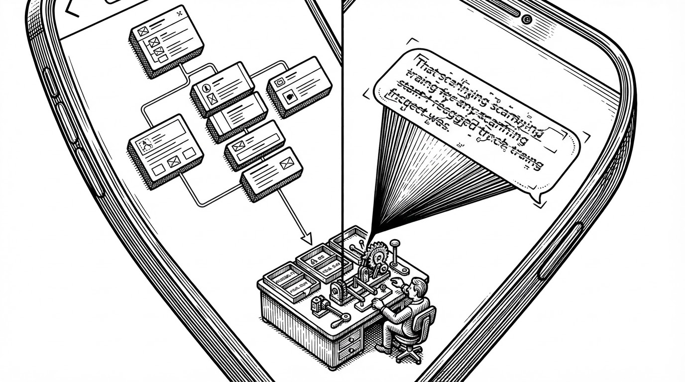 A split pipeline inside a phone screen shows one path as accessibility nodes drawn as stacked boxes and the other as OCR scanning a chat bubble that the node tree cannot read. Both paths converge into a small sorting desk representing the judgment engine. The image explains how the app survives different chat UI layouts.