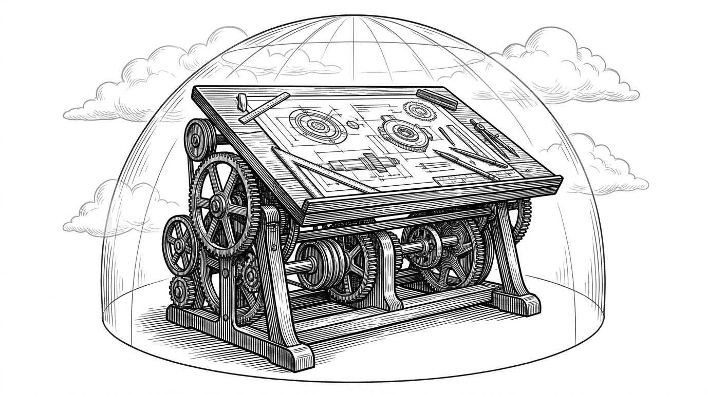 A massive, intricate mechanical drafting table protected by a structural dome from surrounding clouds. This represents draw.io's resilient, client-side architecture resisting modern cloud SaaS trends.