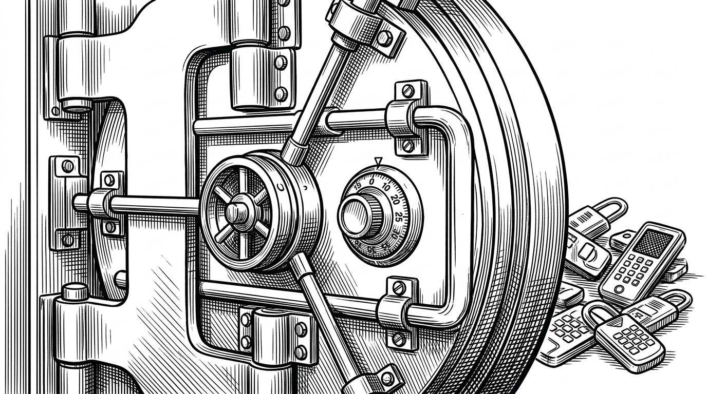 A close-up of a massive steel bank vault door secured by traditional mechanical tumblers, with flashy digital smart-locks discarded to the side. This illustrates the project's reliance on proven, boring technology over modern framework trends.