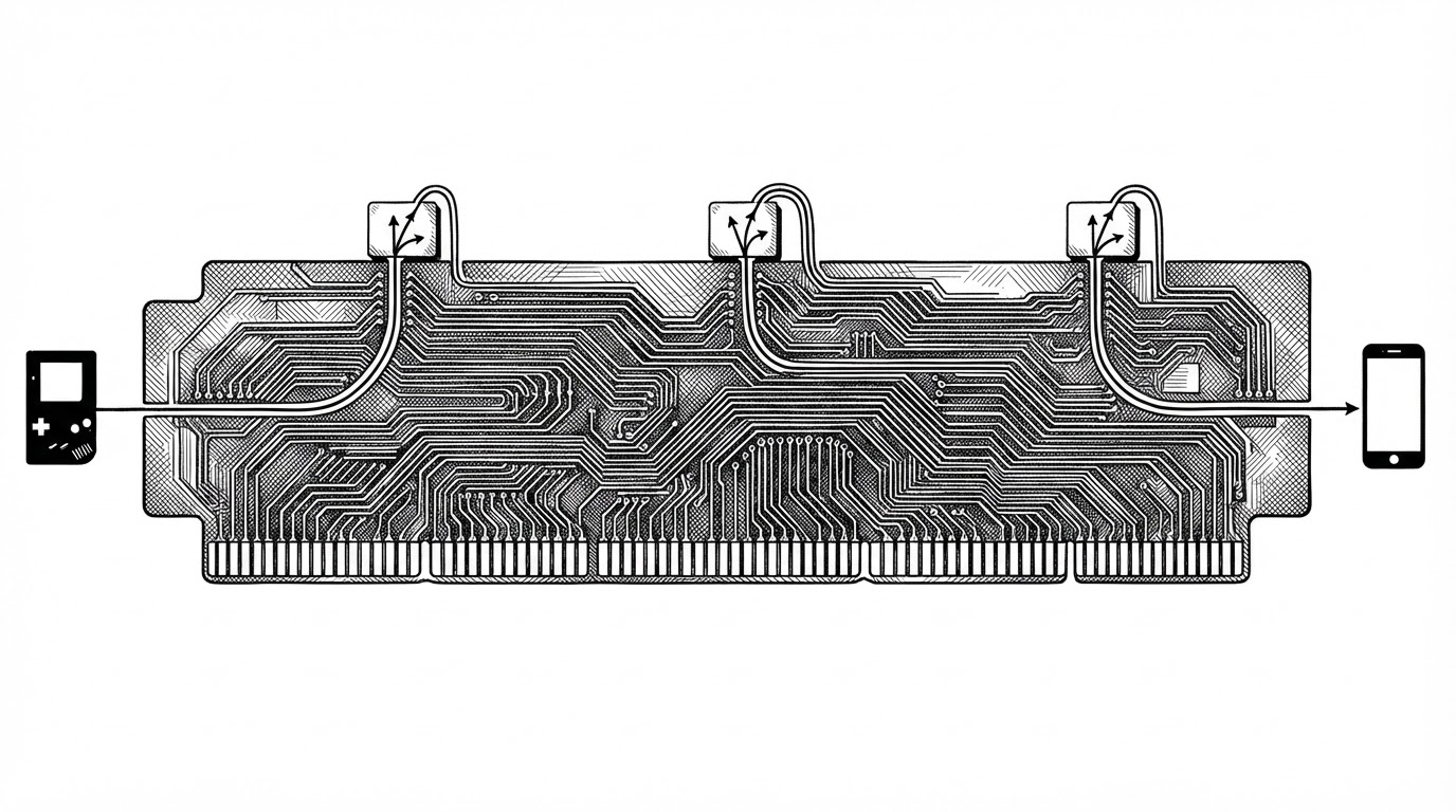 A long circuit board shaped like a game cartridge runs across the frame, its traces unbroken. At three points, small railway-switch gate symbols divert a single trace out of the board, over a small external module, and back in. A handheld console silhouette sits at the left edge and a phone silhouette at the right, connected by the same continuous trace.