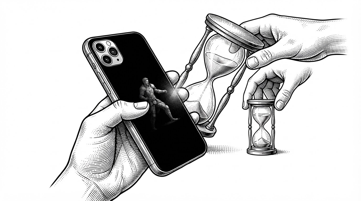 A close-up of a hand holding a phone as the screen darkens, with a half-rendered game character mid-save. Behind the phone, one hand lifts away a large hourglass marked 30 while another hand sets down a smaller hourglass marked 3, sand falling in both.
