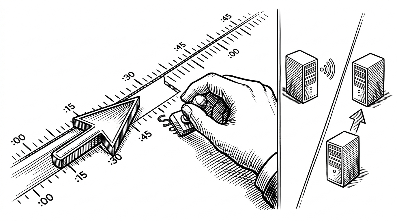 A close-up of a cursor moving along a minute-by-minute timeline. The cursor pauses at a gap, then steps through the missed slots one by one while a hand stamps each interval as seen. Off to the side, two servers exchange a simple heartbeat, and one steps forward when the other falls silent. The image explains why Cronicle combines catch-up scheduling with lightweight failover.