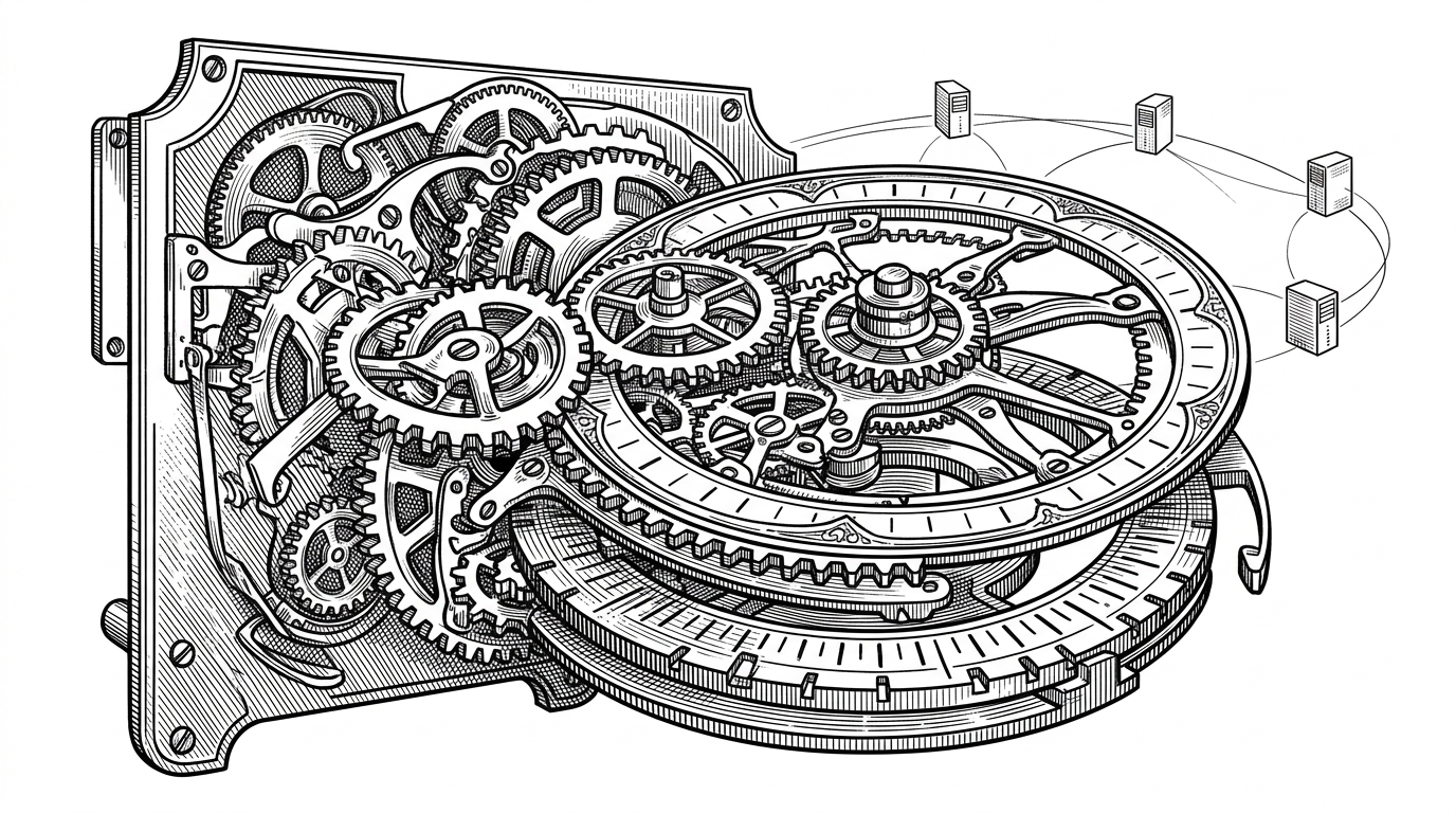 A mechanical wall clock and calendar system with a hidden ledger wheel underneath. One gear train represents scheduled jobs, while the ledger wheel records missed ticks and forces the mechanism to replay them after power returns. In the background, a loose ring of server towers hints at cluster coordination without turning the scene into generic network art.