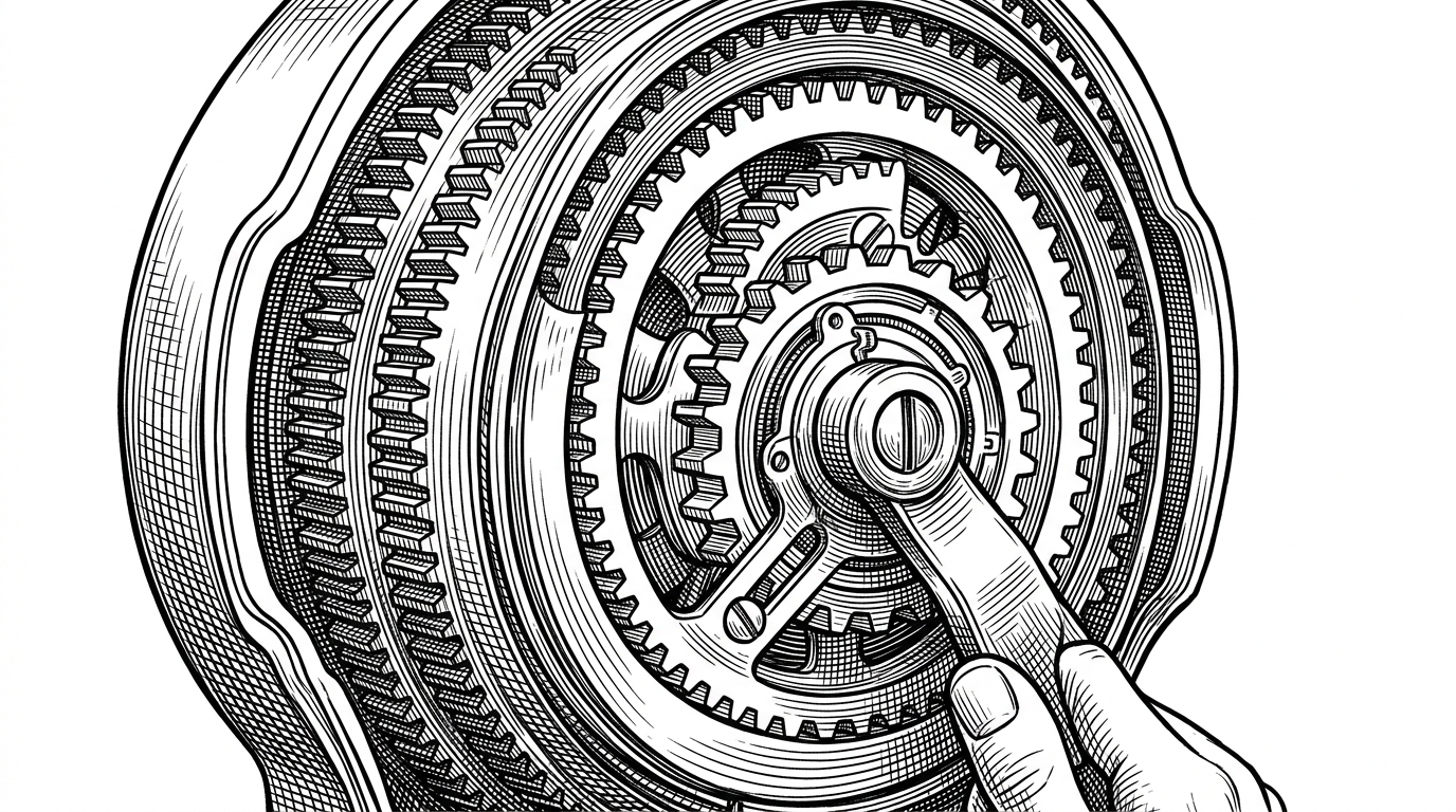 A close-up mechanical gauge shows a compressed gear train where outer parts are squeezed into thin segments, but the inner gears remain larger and more precise. One control lever changes how much of the mechanism is preserved at full precision, explaining the tradeoff between compression and quality. The image illustrates why adaptive mixed precision matters more than raw bit reduction.