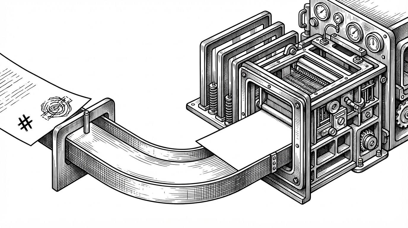 A close-up of two document paths split by a hash checkpoint. One path is stamped as already seen and rerouted into reuse. The other enters a four-slot queue before moving into a schema-bound extraction chamber. The image explains how the system avoids repeated work while protecting limited AI capacity.