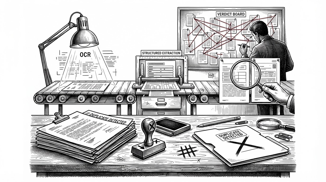 A loan review desk becomes an evidence board, with papers moving through OCR, extraction, and validation stations before landing on a review-required board. The scene explains that the system is not a single model but a staged workflow that preserves evidence and explainability.