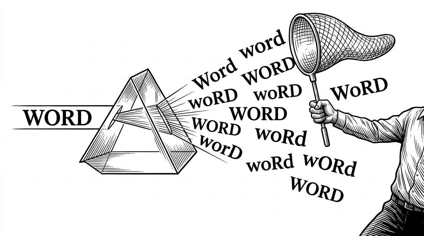 A visual metaphor of a single word scattering into multiple different casing styles like a prism, with a developer attempting to catch them all.