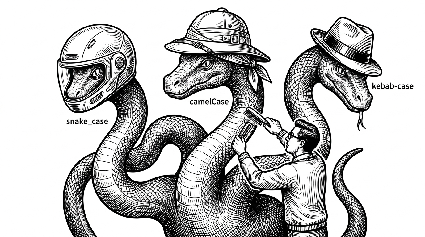 A mythical hydra where each head wears a different hat, representing the mental overhead of multi-format refactoring across snake, camel, and kebab cases.
